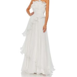 Brand new Max Duggal pleated tiered ruffled strapless gown.